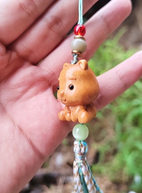 檀香木雕刻乖巧小熊手机链流苏萌