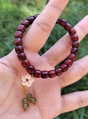 紫檀木桶珠单圈手链小花吊穗民族