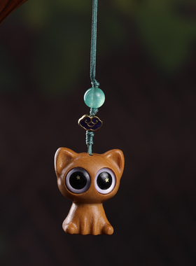 绿檀木雕大眼星眸猫钥匙扣挂件紫檀可爱小猫手机链女礼物创意挂饰