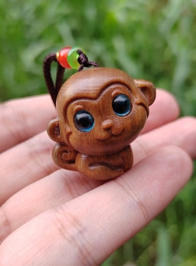 绿檀木十二生肖猴子吊坠新中式国