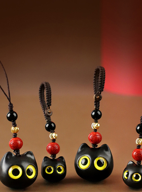 檀木纳财猫钥匙扣手机链挂件