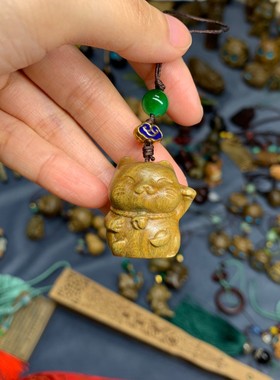 情侣绿檀木财猫手机链挂件