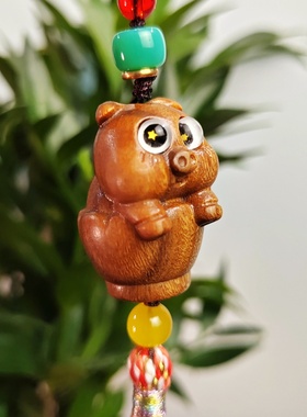 绿檀木雕一杯猪萌萌生肖猪手机链