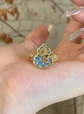 甄媛银饰杏叶葫芦蝴蝶戒指女