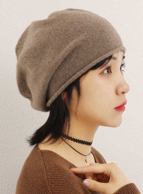 100%纯羊毛复古毛线堆堆帽子女卷边显脸小包头冷帽针织头巾月子帽