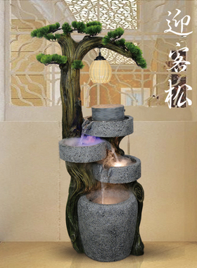 中式迎客松假山流水喷泉阳台