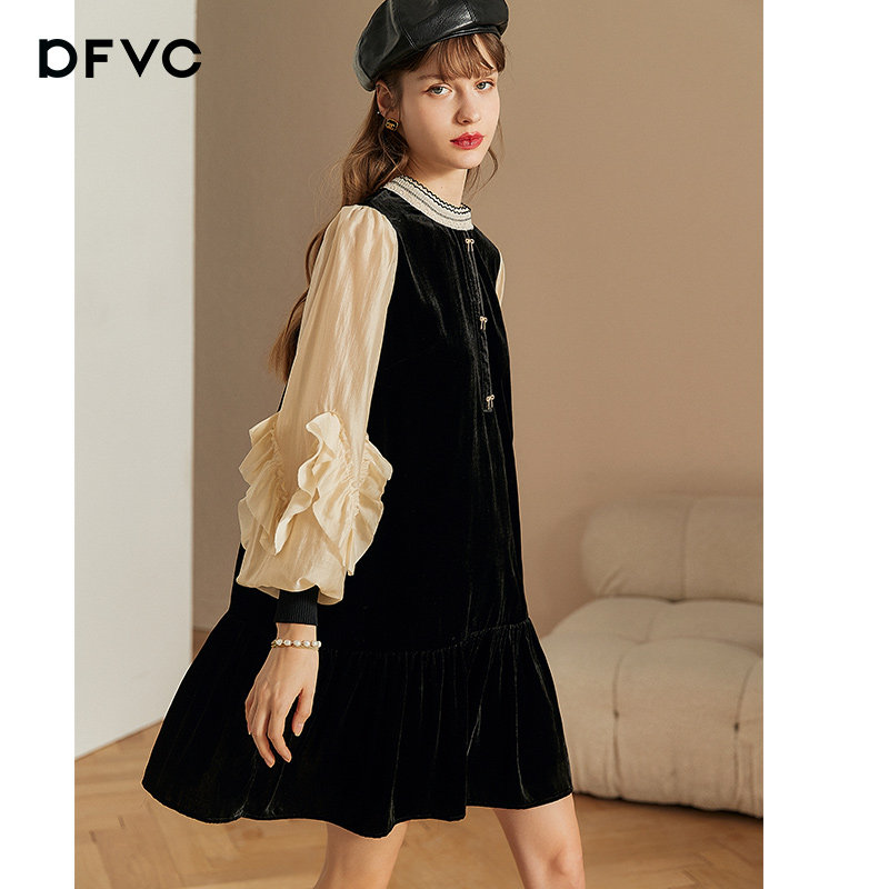 dfvc春季赫本风黑色拼接丝绒连衣裙 dfvc连衣裙