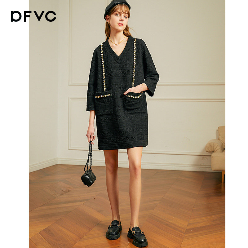 dfvc春季黑色v领钉珠连衣裙卫衣裙 dfvc连衣裙