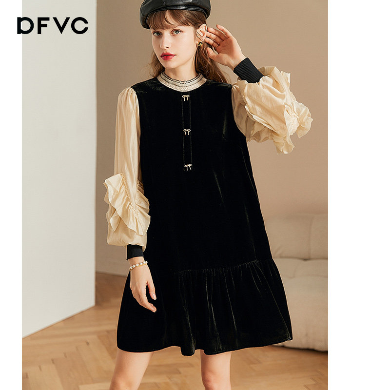 dfvc春季赫本风黑色拼接丝绒连衣裙 dfvc连衣裙