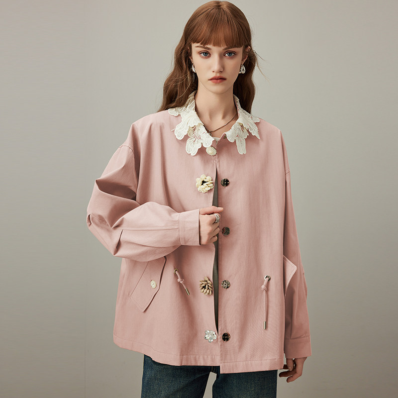 dfvc韩版纯棉短款风衣外套女2025年秋季新款抽绳宽松休闲夹克上衣 - 图2