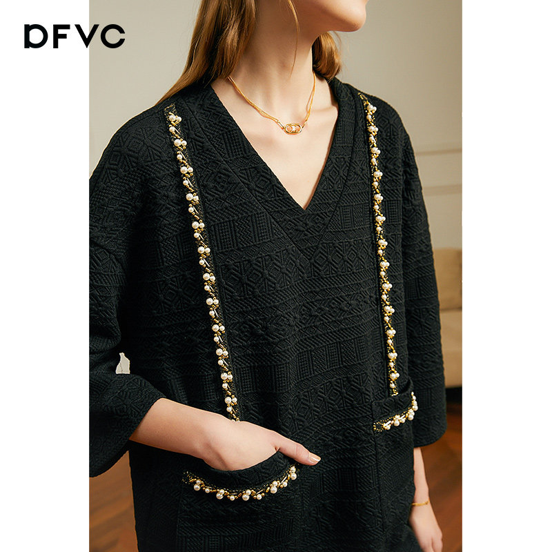 dfvc春季黑色v领钉珠连衣裙卫衣裙 dfvc连衣裙