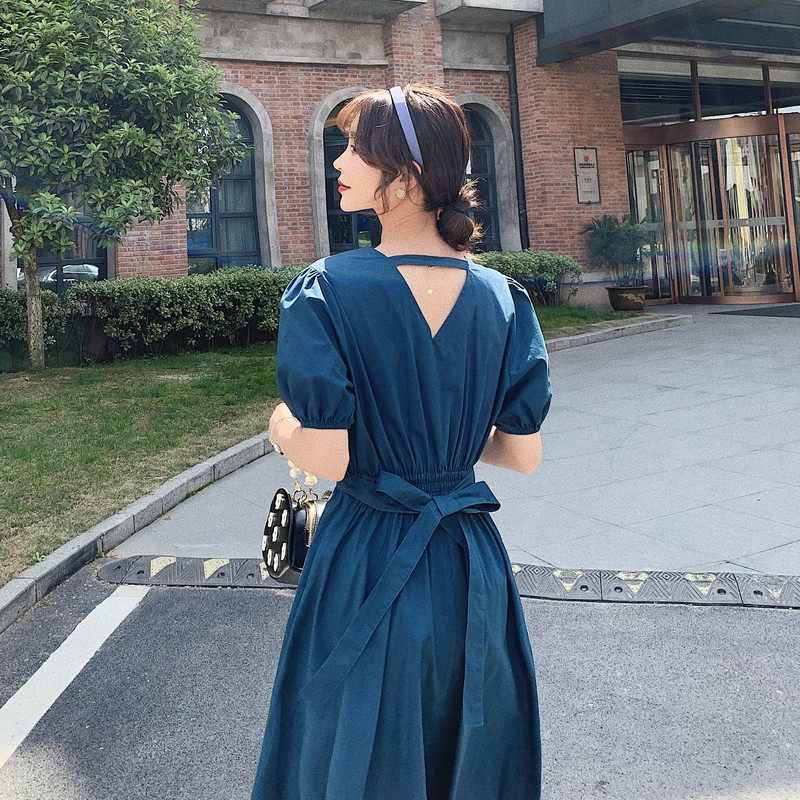 孔雀蓝色泡泡袖连衣裙女夏季2020 夏梵尼连衣裙