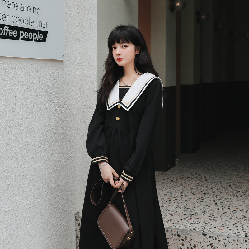 海军领秋装2020年新款长袖春连衣裙 夏梵尼连衣裙