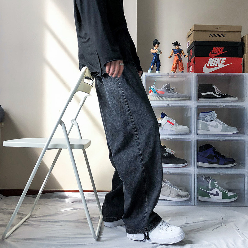 松紧腰抽绳潮牌宽松直筒男牛仔裤 乔治帝国牛仔裤