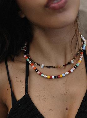waki彩色系度假感手工串珠项链