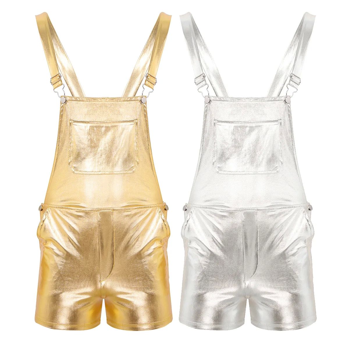 MSemis Mens Fashion Shiny Metallic Bib Overall Suspender Sho - 图3