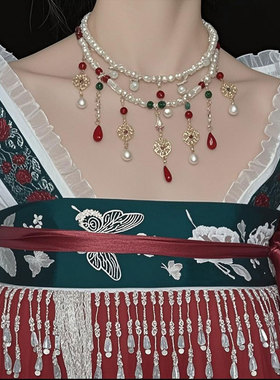 古风璎珞项链女多层叠戴珍珠