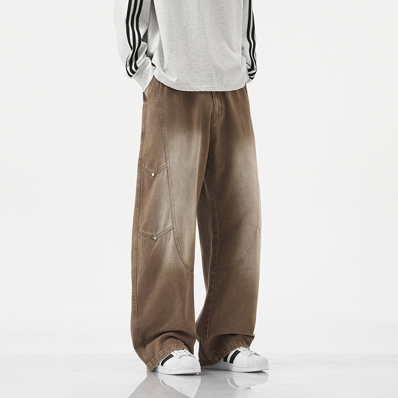 大码黑色牛仔裤子男士春秋季美式复古工装ins直筒裤加大阔腿长裤 - 图1