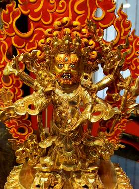 尼泊尔手工紫铜鎏金白六臂玛哈嘎拉佛像西藏民族供奉密宗供护像