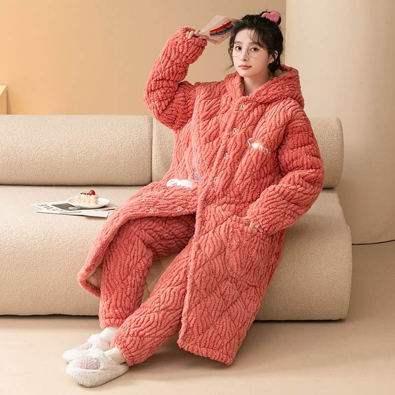 睡衣女冬款三层夹棉珊瑚绒长款睡袍新款连帽保暖法兰绒家居服套装,淘宝优惠券,粉丝福利购,淘宝优惠卷