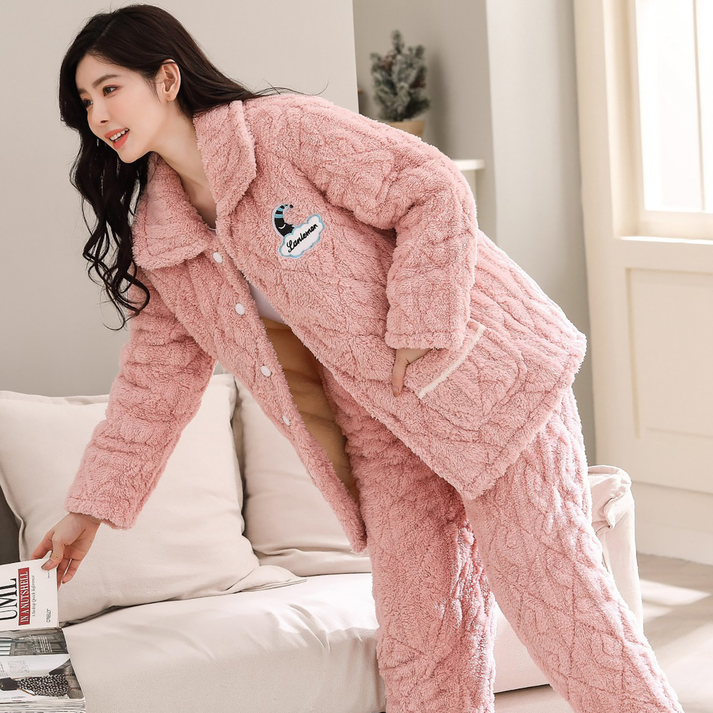 冬季三层加厚女士法兰绒夹棉睡衣中长款韩版珊瑚绒棉袄家居服套装,淘宝优惠券,粉丝福利购,淘宝优惠卷