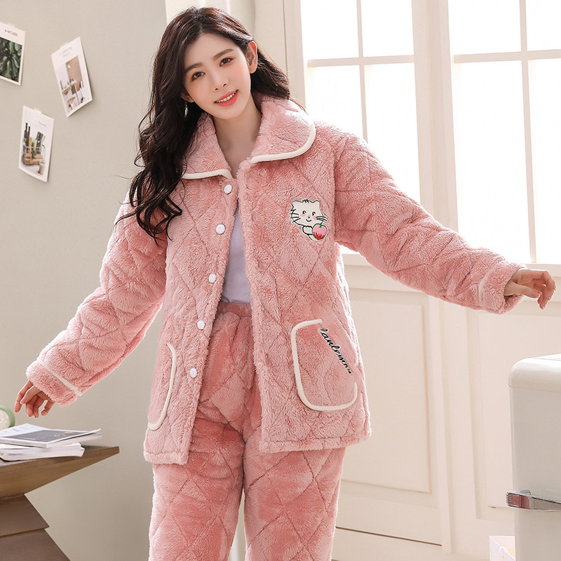 冬天女士三层夹棉袄睡衣套装睡衣 兰柠檬睡衣/家居服套装