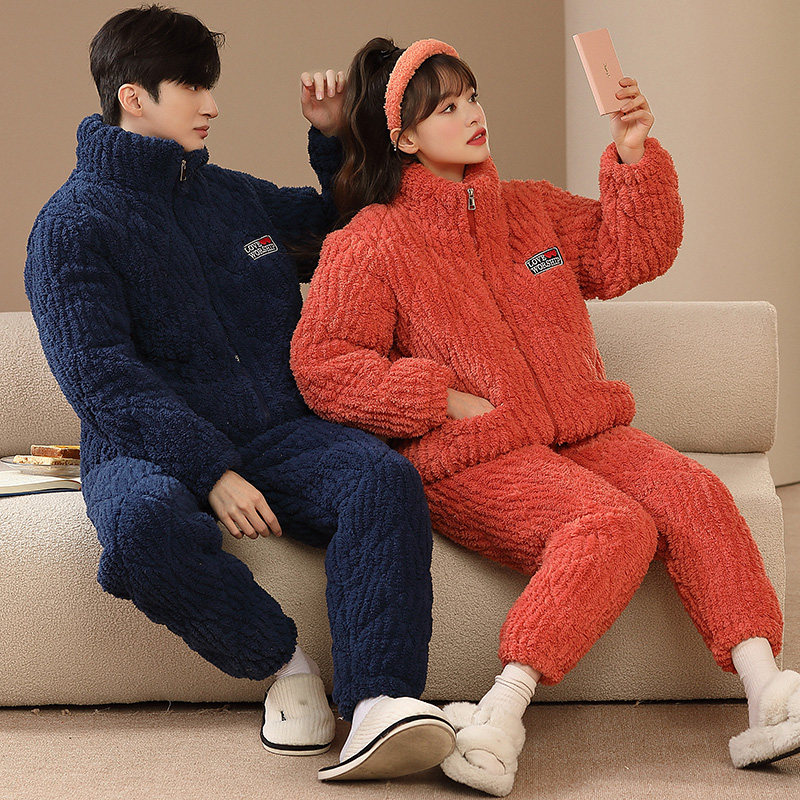 两件套情侣秋冬季珊瑚绒拉链睡衣 兰柠檬睡衣/家居服套装