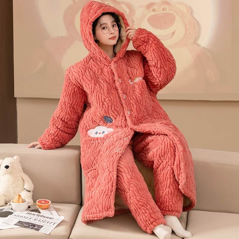 睡衣女冬款三层夹棉珊瑚绒长款睡袍新款连帽保暖法兰绒家居服套装,淘宝优惠券,粉丝福利购,淘宝优惠卷