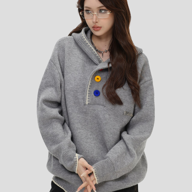 NOPASS three-color velvet buttoned hooded sweater