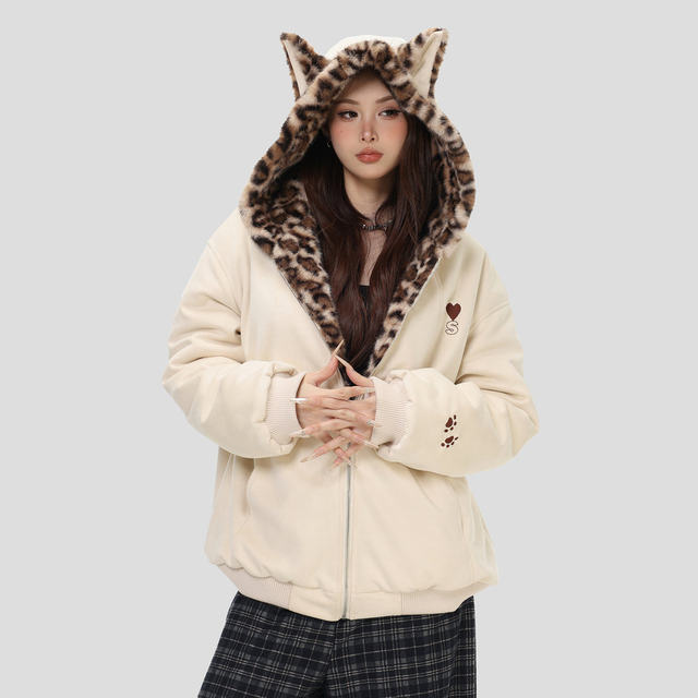 NOPASS rabbit ears warm leopard print thickened jacket