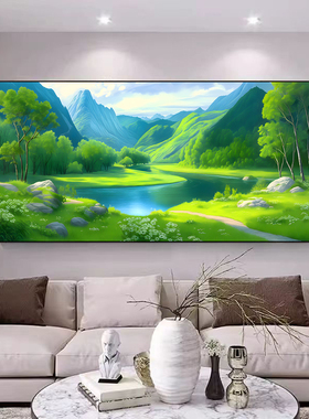 青山绿水聚宝盆山水画招财晶瓷装饰画靠山图办公室大白墙客厅挂画