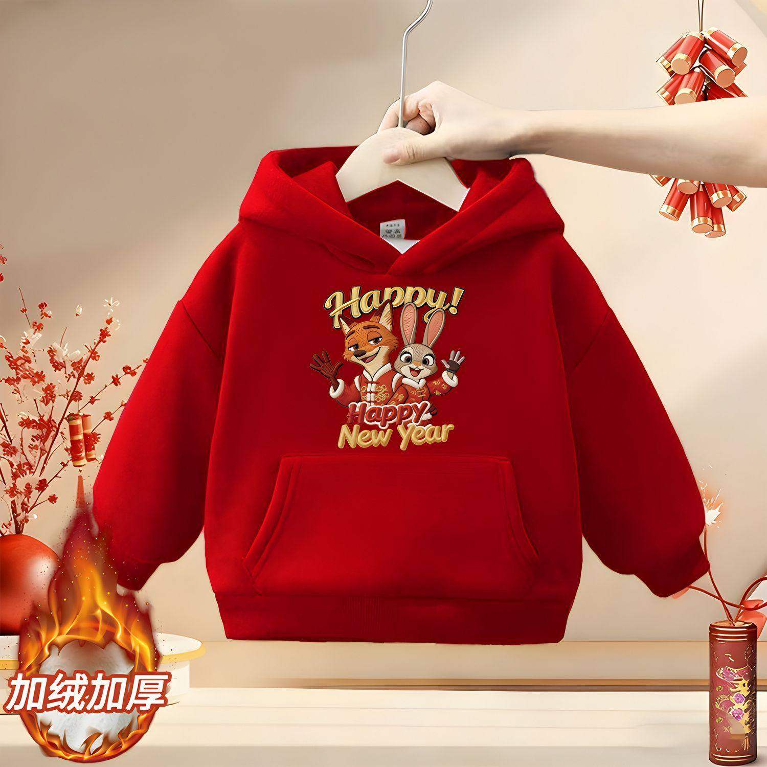 疯狂动物城新年男女童加绒连帽卫衣冬季红色过年喜庆宝宝拜年衣服,淘宝优惠券,粉丝福利购,淘宝优惠卷