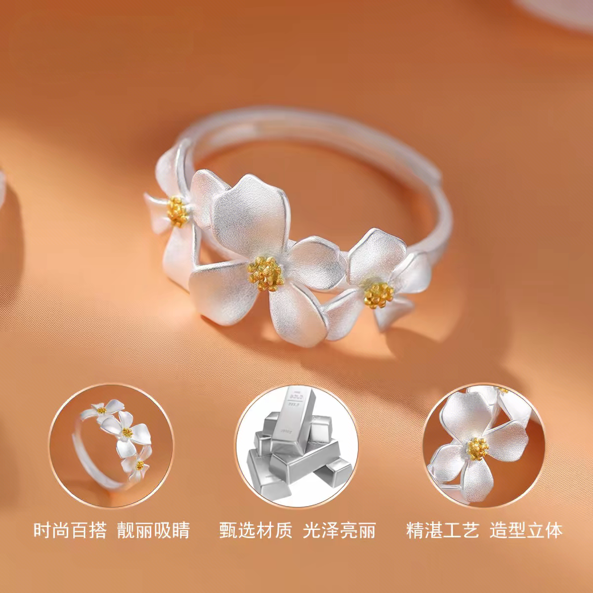 Pure silver 999 gardenia ring fresh literary flower sterling silver ring gift for girlfriend