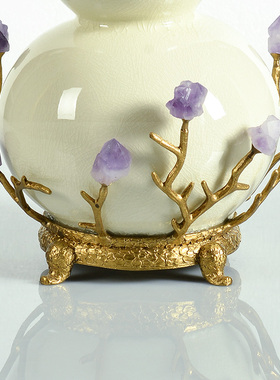 速发欧式客厅奢华玄关家居高端树枝紫色水晶艺术摆件美式铜配陶瓷