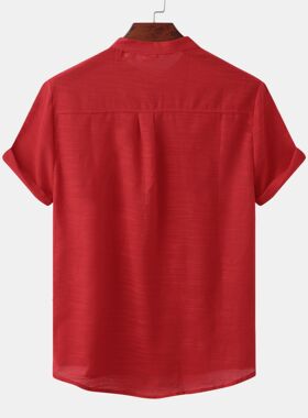 男士红色短袖衬衣立领休闲时尚