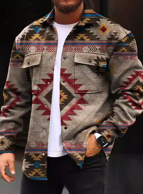 春秋男时尚印花休闲纽扣外套Men's printed casual button jacket