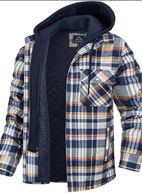 秋冬男士加厚格纹连帽宽松外套Men's Tartan Hooded Loose Jacket