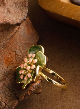 法式复古个性中古风手工滴油珐琅釉山茶花可调节开口戒指闺蜜手饰