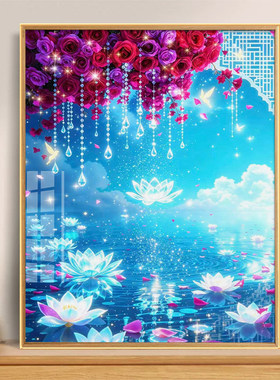 精准印花荷花池景手工线绣钻石画