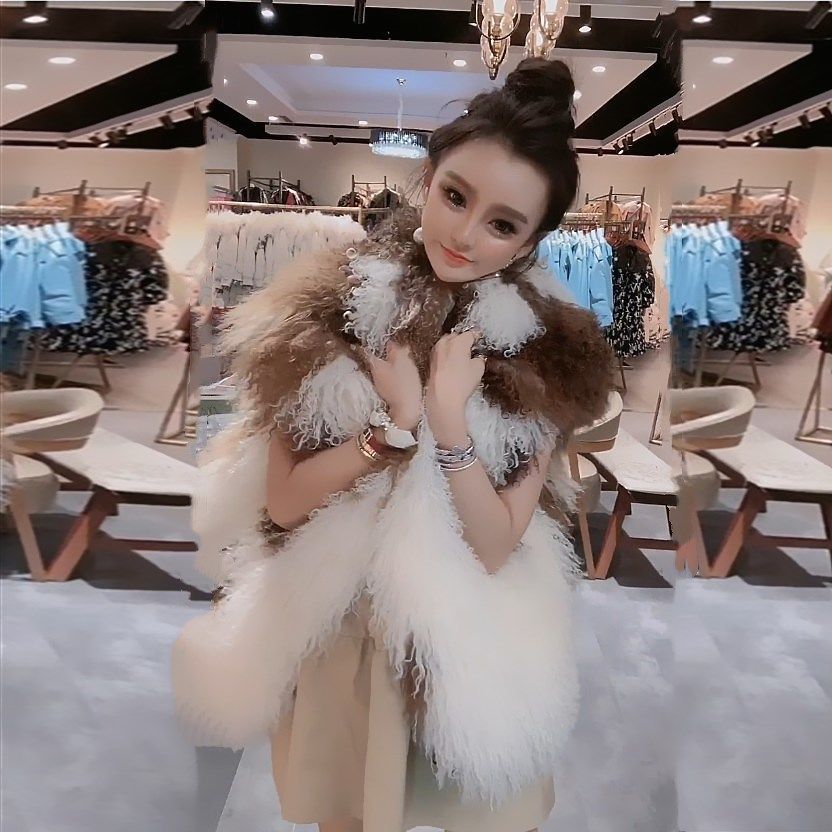 滩羊毛皮草马甲女真毛外套中长款欧美网红羊卷毛坎肩皮毛一体 - 图2