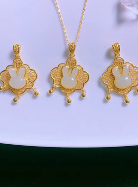 S925纯银花丝金锁铃铛流苏镶玉生肖兔子项链国潮DIY长命锁项链礼