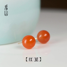 Серьги 看山|红豆|南红耳饰钉18k金樱桃红玛瑙女旗袍故宫新中式宋代耳环