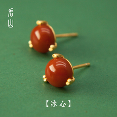 Серьги 看山|冰心|南红酒红色耳饰钉玛瑙女纯银汉服旗袍配新中式宋代耳环