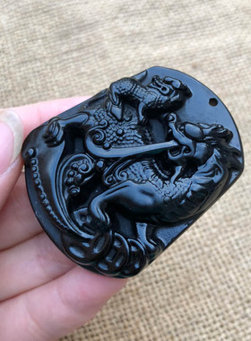 天然黑曜石麒麟玉佩项链证书吊坠