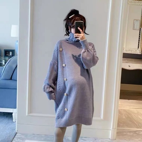 加大码孕妇高领毛衣秋冬装中长款针织打底衣气质长袖连衣裙200斤