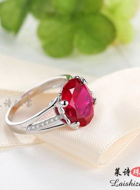 925纯银镀18k白金红宝石戒指石榴石银指环女贵重宝石彩色宝石珠宝