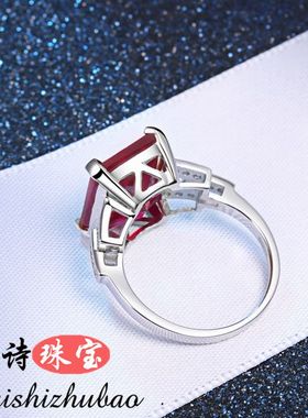 红宝石彩宝戒指925纯银镶嵌方形彩色宝石珠宝戒指环镀18K白金女款