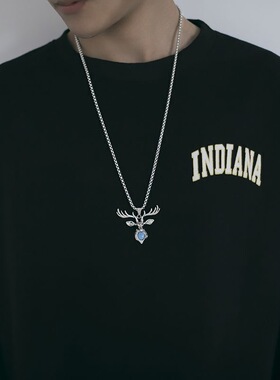 欧美跨境hiphop嘻哈复古麋鹿项链一路有你情侣个性鹿头吊坠配饰潮