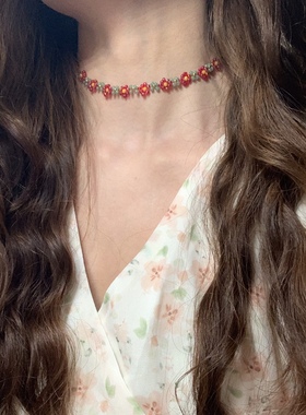 北北 原创串珠项链红色花朵锁骨链好高级复古夏天气质
