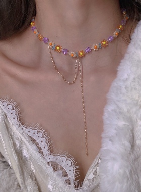 北北 原创串珠项链彩色锁骨链黄色花朵高级唯美气质夏天水晶项链